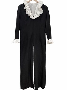 ILGWU Vintage 1970s Black & White Ruffle Long Sleeve Disco Jumpsuit Retro XL